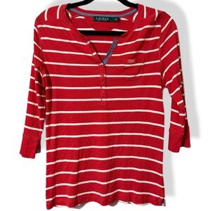 LRL size large red and white striped henley t-shirt buttons front casual womens